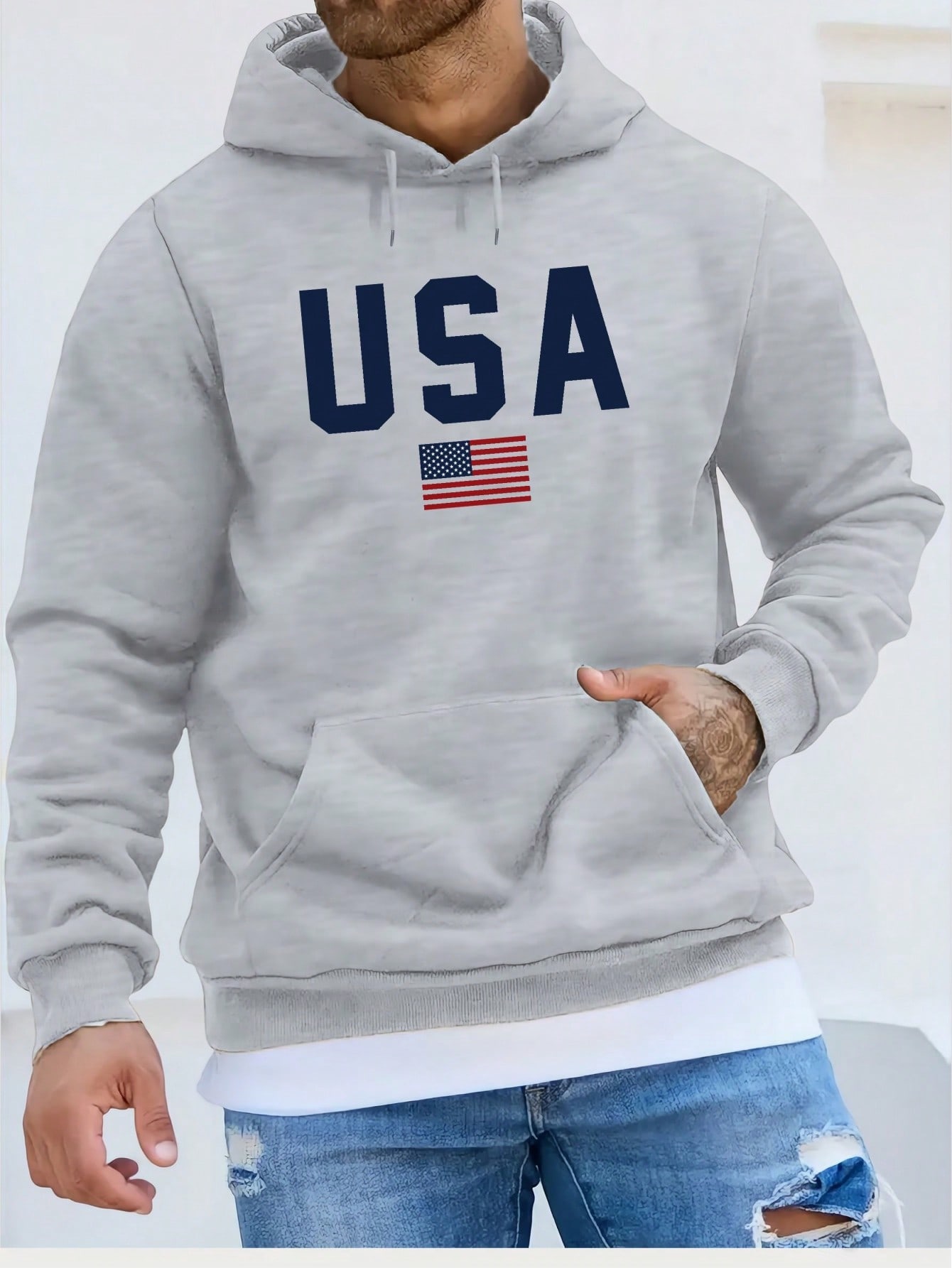 Manfinity Dauomo Men’s Letter & American Flag Print Drawstring Hooded Long Sleeve Sweatshirt